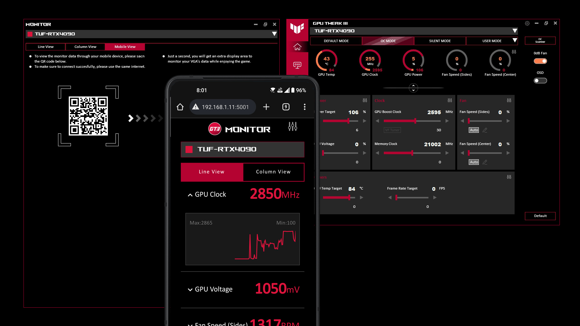 Мобильный монитор GPU Tweak III, отображающий параметры ГП на экране смартфона.