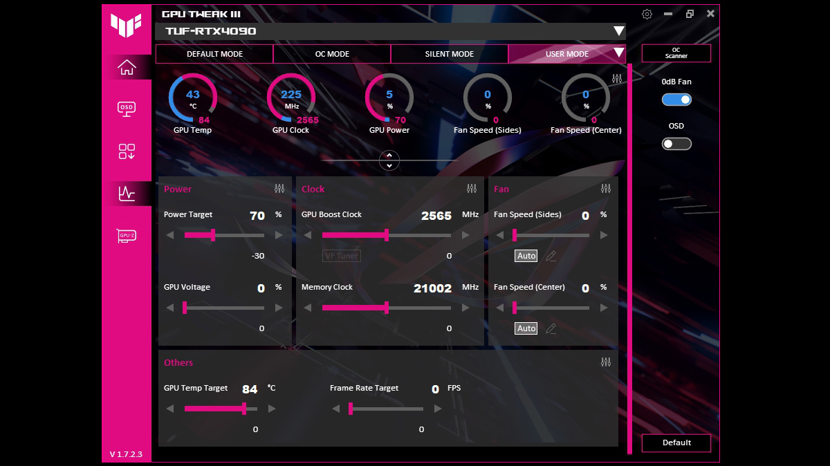 Окно GPU Tweak III с оформлением в розово-голубых цветах